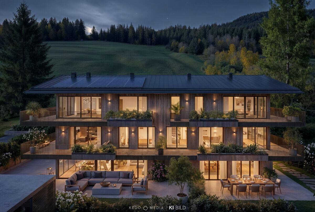 Beleuchtete moderne Holzfassade bei Nacht mit Terrassen, Balkonen und Solaranlage in alpiner Umgebung.