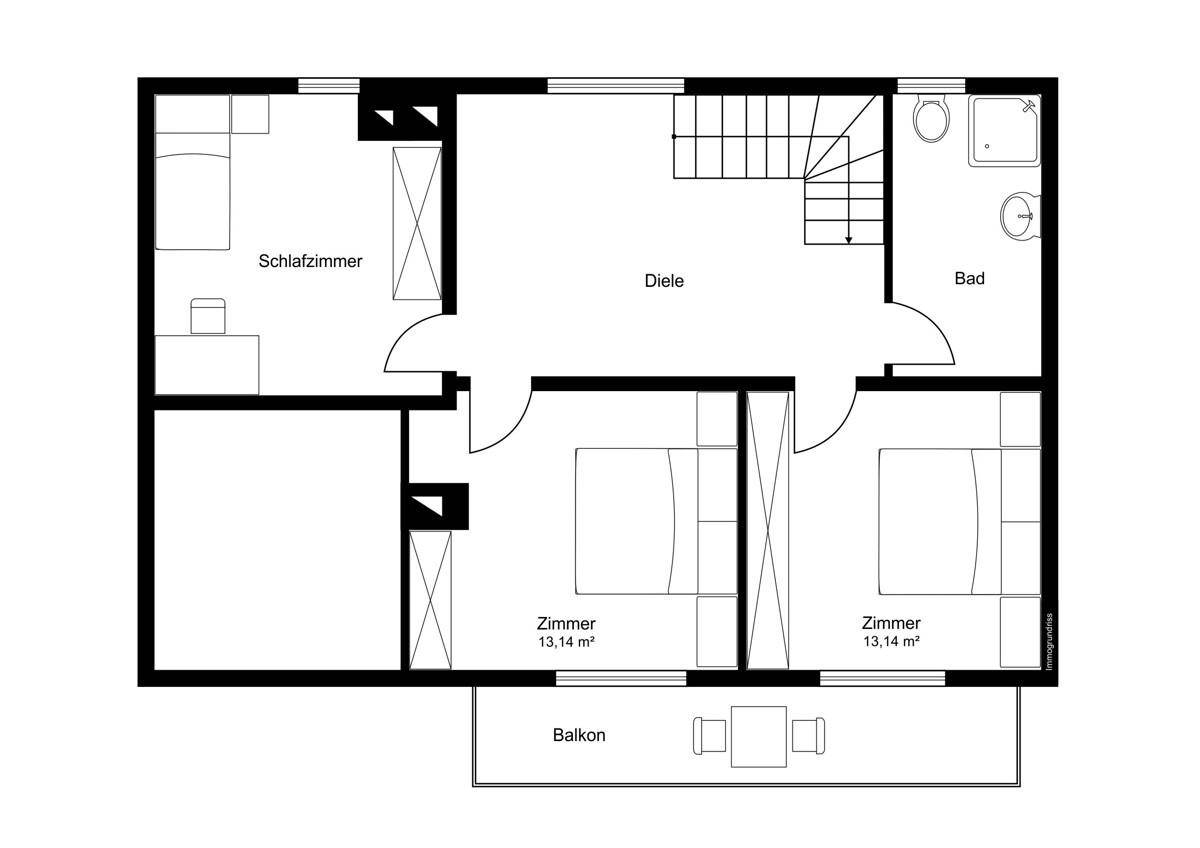 Grundriss des Obergeschosses mit drei Schlafzimmern, Bad und Balkon.