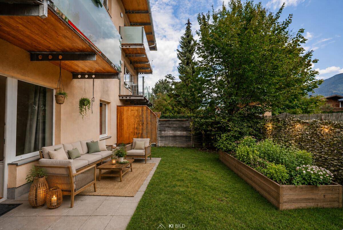 Gemütliche Terrasse mit Gartenmöbeln und gepflegtem Rasen, ideal zum Entspannen im Freien.