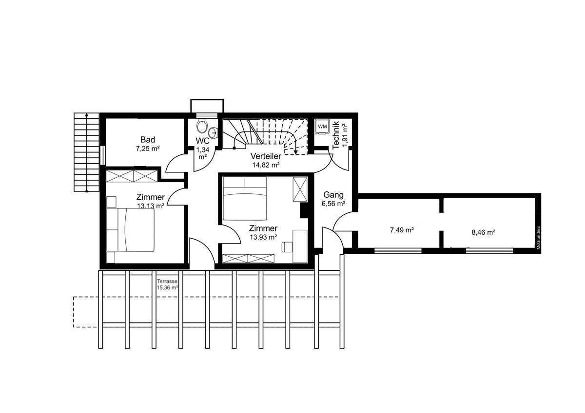 Grundriss des Obergeschosses mit zwei Schlafzimmern, Bad, WC und einer weiteren Terrasse.