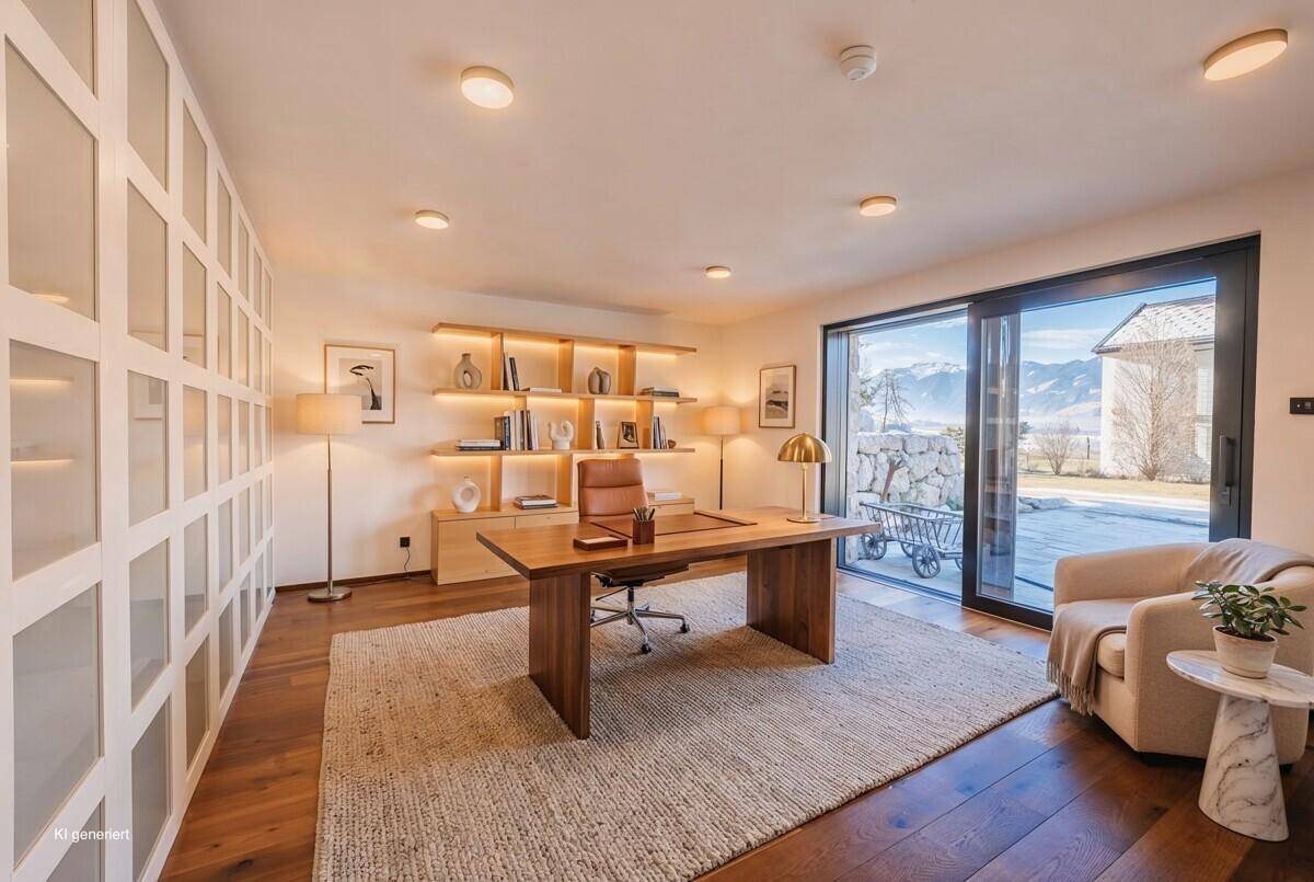 Helles Büro mit Holzboden, Einbauschränken und Schiebetüren mit Bergblick.