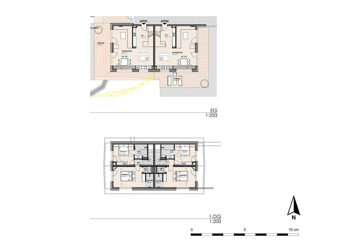 Grundrisspläne für zwei Etagen mit Wohnbereichen, Schlafzimmern und Terrassen.