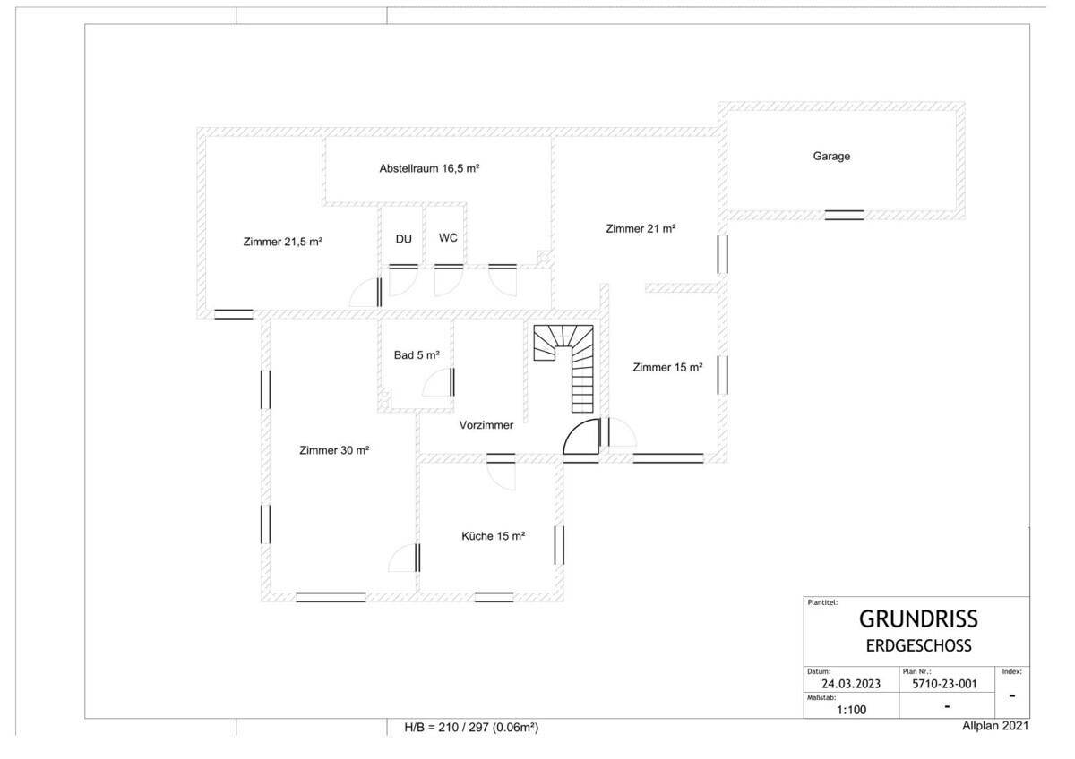 Grundriss des Erdgeschosses mit Zimmern, Bad, WC, Abstellraum und Garage.
