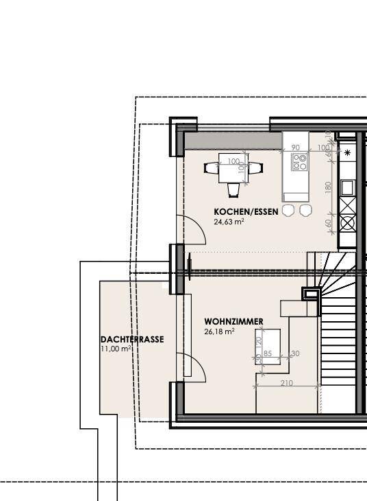 Grundriss einer Wohnung mit offener Küche, Wohnzimmer und Dachterrasse.