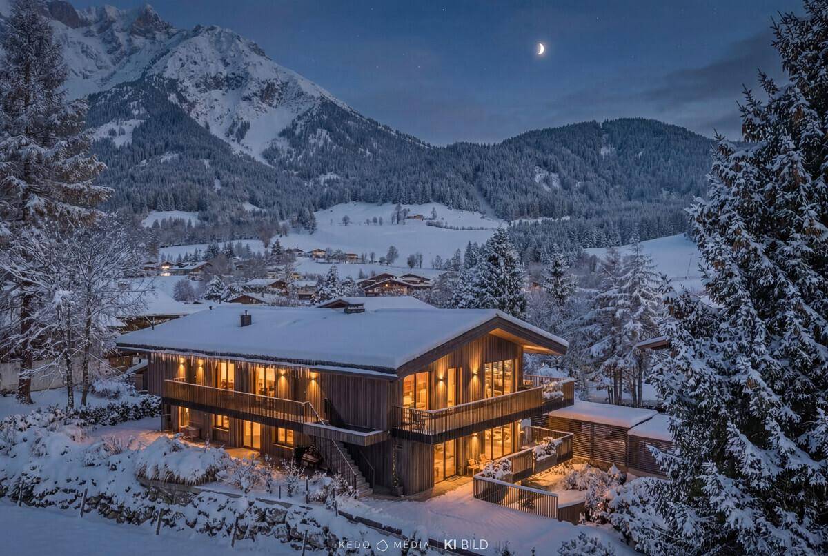 Panoramablick auf das beleuchtete Chalet mit Holzfassade und Balkonen in verschneiter Berglandschaft bei Nacht.