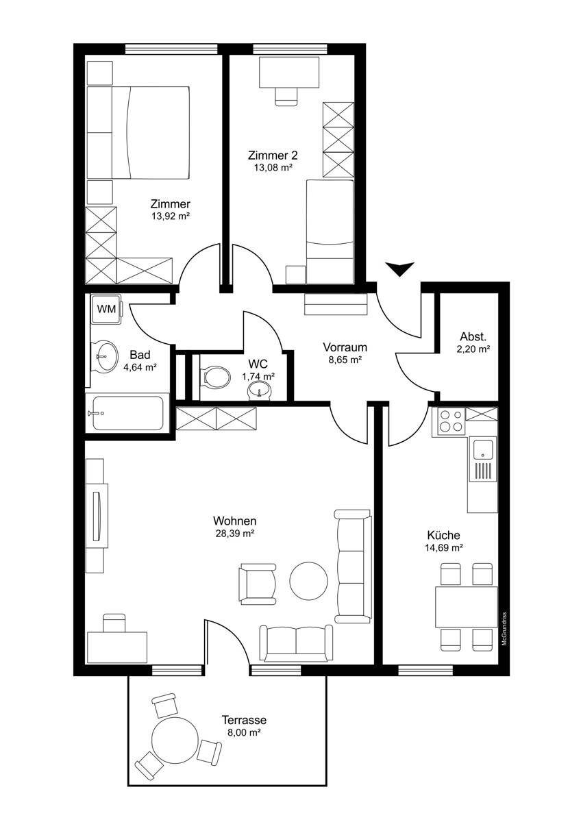 Detaillierter Grundriss mit separater Küche, zwei Schlafzimmern und großer Terrasse.