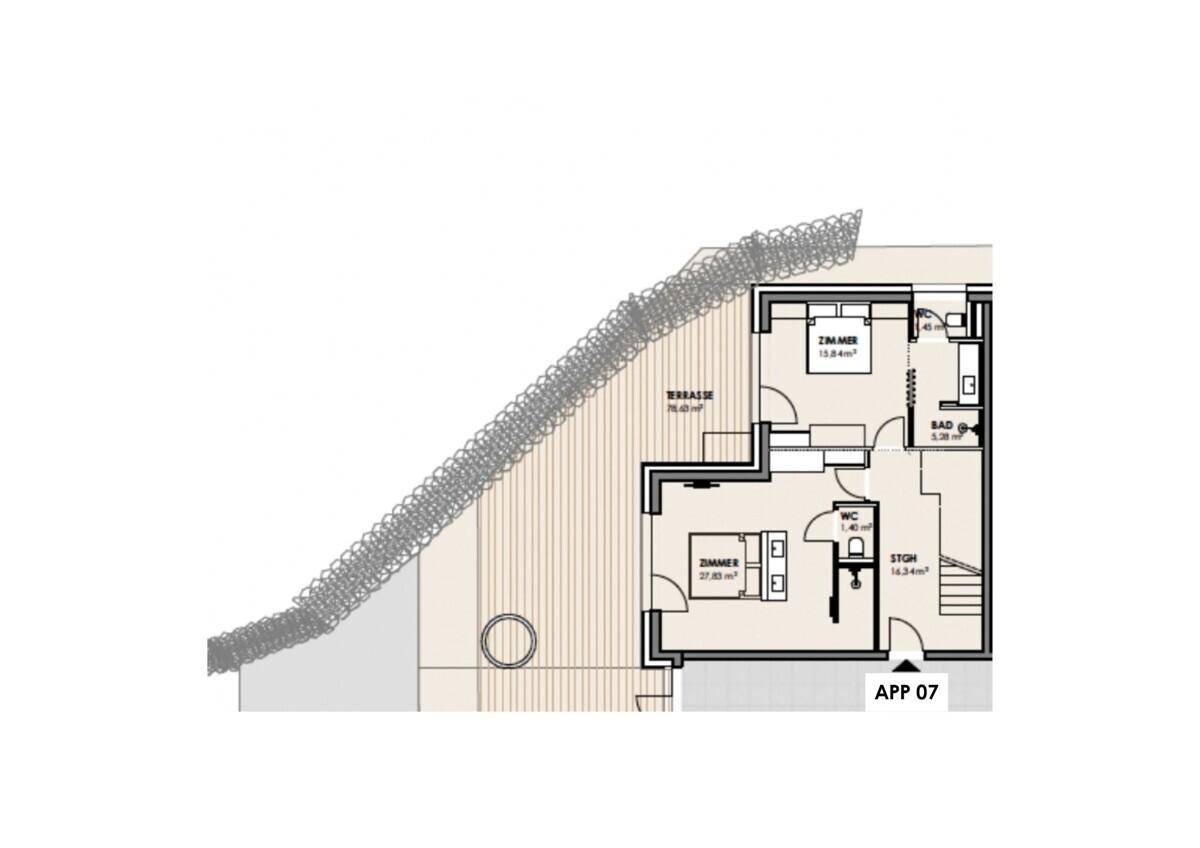 Grundriss einer Wohnung mit zwei Zimmern, Bad, WC und großer Terrasse.