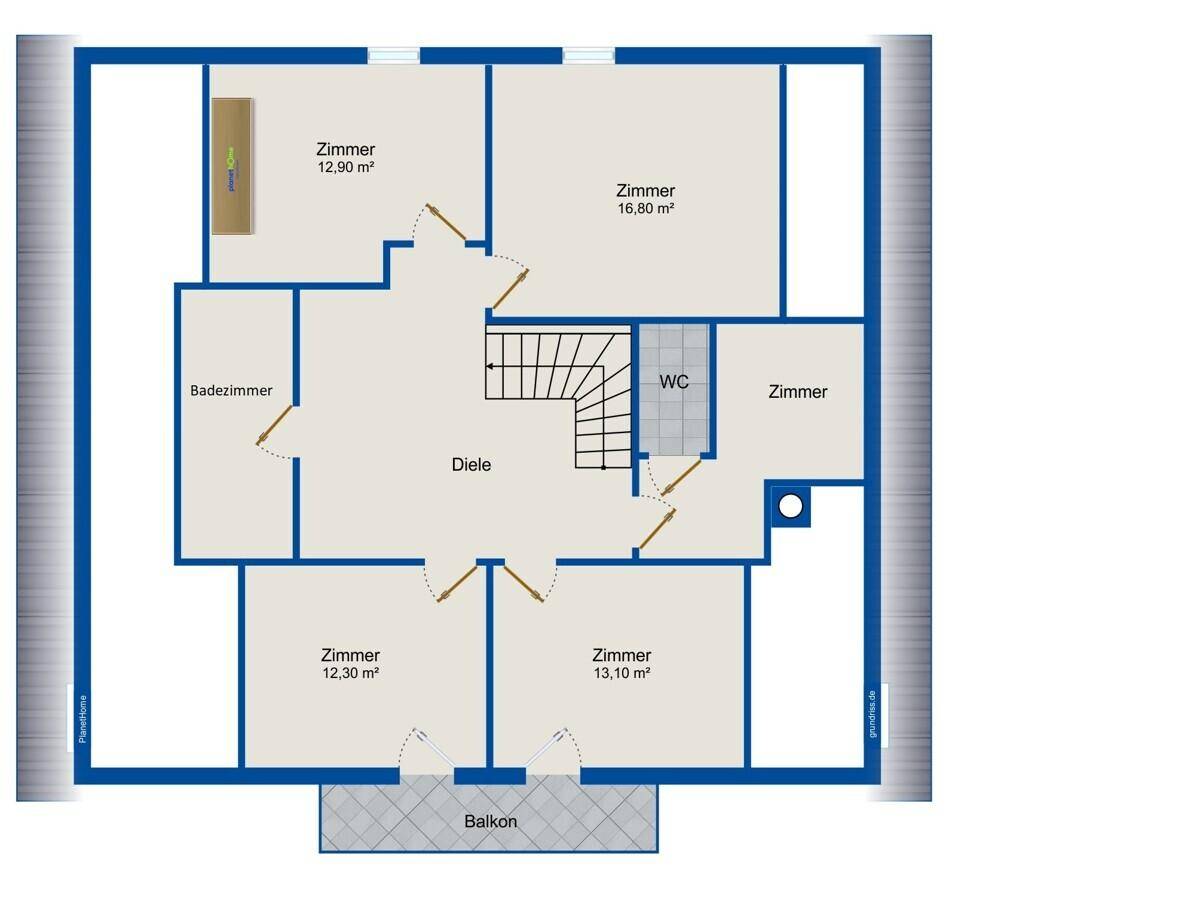 Grundriss des Dachgeschosses mit Zimmern, Badezimmer, WC und einem Balkon.