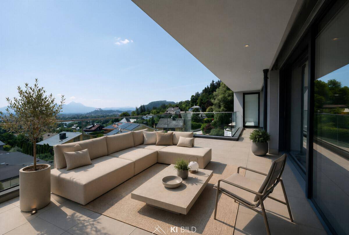 Geräumige Sonnenterrasse mit moderner Lounge-Möblierung und Panoramablick über die Stadt und Berge.