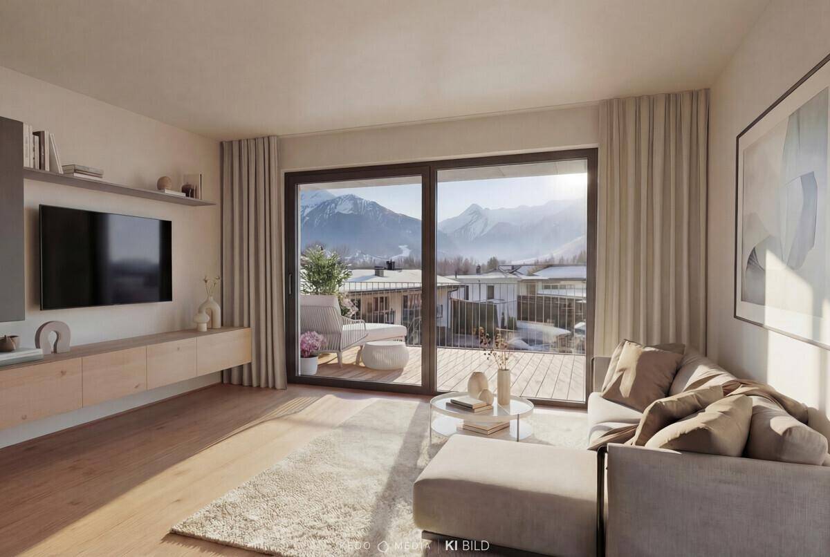 Helles Wohnzimmer mit modernem Design, Holzboden und großem Balkonzugang mit Bergblick.