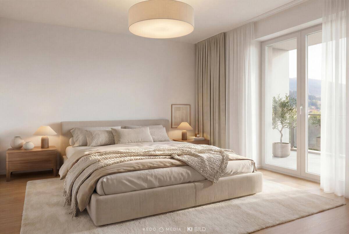 Gemütliches Schlafzimmer mit Doppelbett, Holznachttischen und Balkonzugang mit Bergblick.