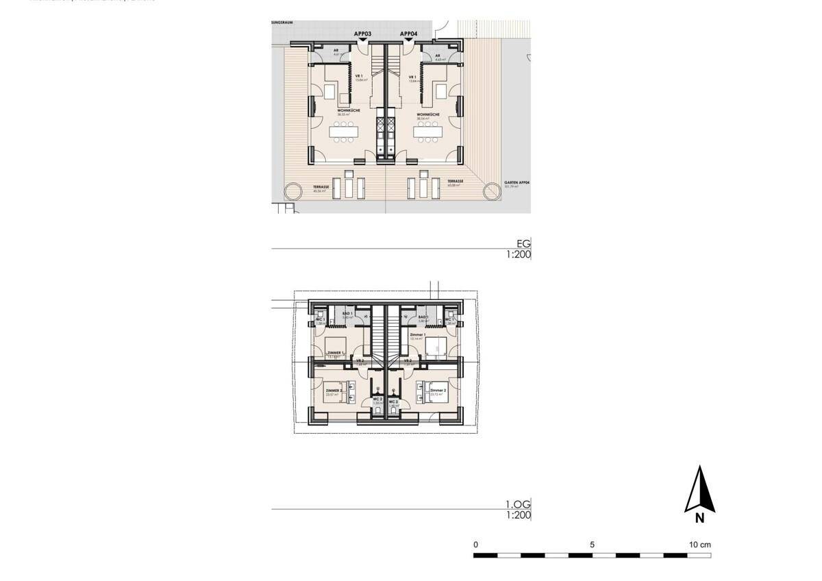 Grundrisspläne für zwei Apartments mit Terrassen und Schlafzimmern.