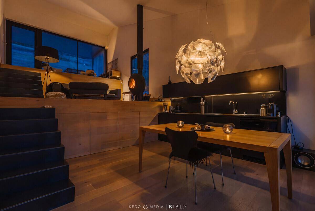 Gemütlicher Wohn- und Essbereich bei Nacht mit beleuchtetem Kamin und moderner Einrichtung, warmes Ambiente.