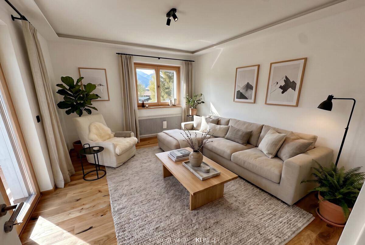 Gemütliches Wohnzimmer mit hellem Sofa, Holzboden und Blick ins Grüne.