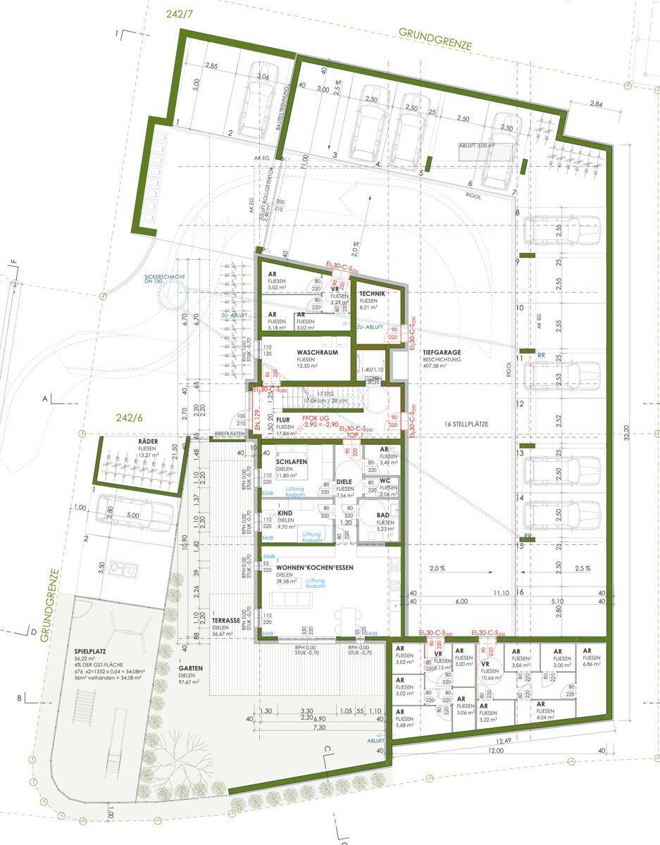 Grundriss des Erdgeschosses mit Wohnungen, Terrassen, Gärten und Tiefgaragenstellplätzen.