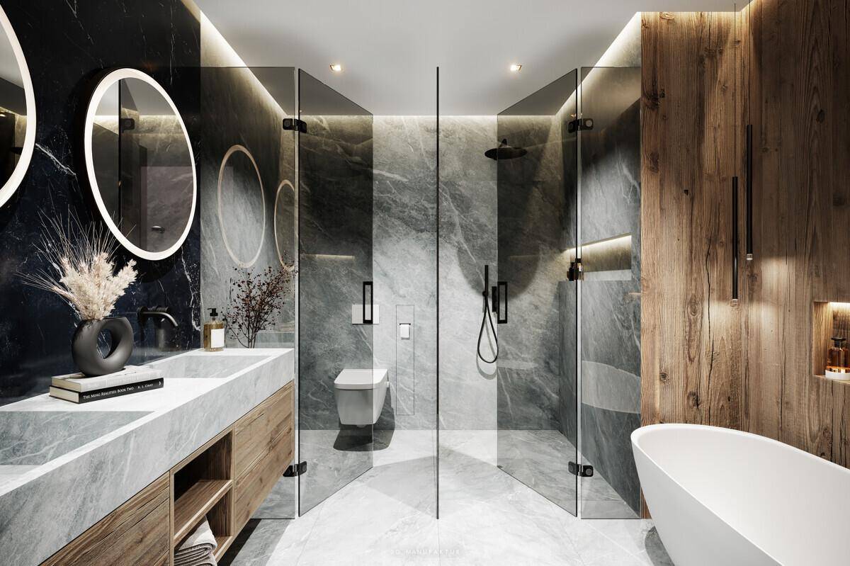 Luxuriöses Badezimmer mit Doppelwaschbecken, begehbarer Dusche, freistehender Badewanne und Marmoroberflächen.