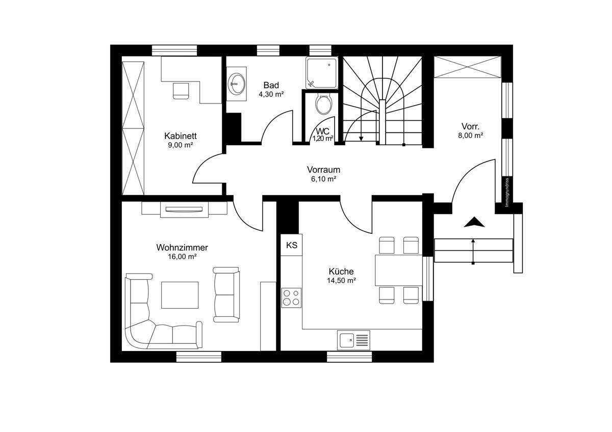 Grundriss des Erdgeschosses mit Wohnzimmer, Küche, Bad und separatem WC.