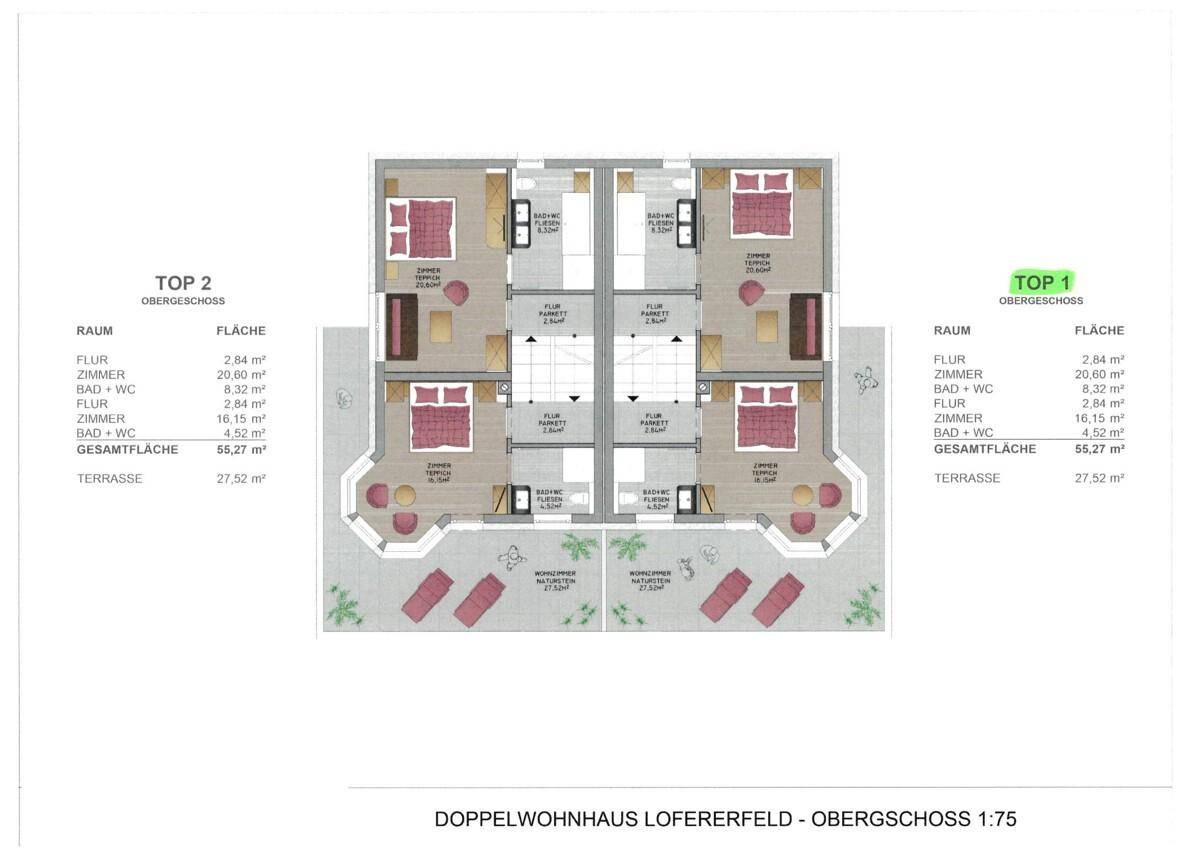Grundriss des Obergeschosses eines Doppelwohnhauses mit Schlafzimmern und Terrasse.