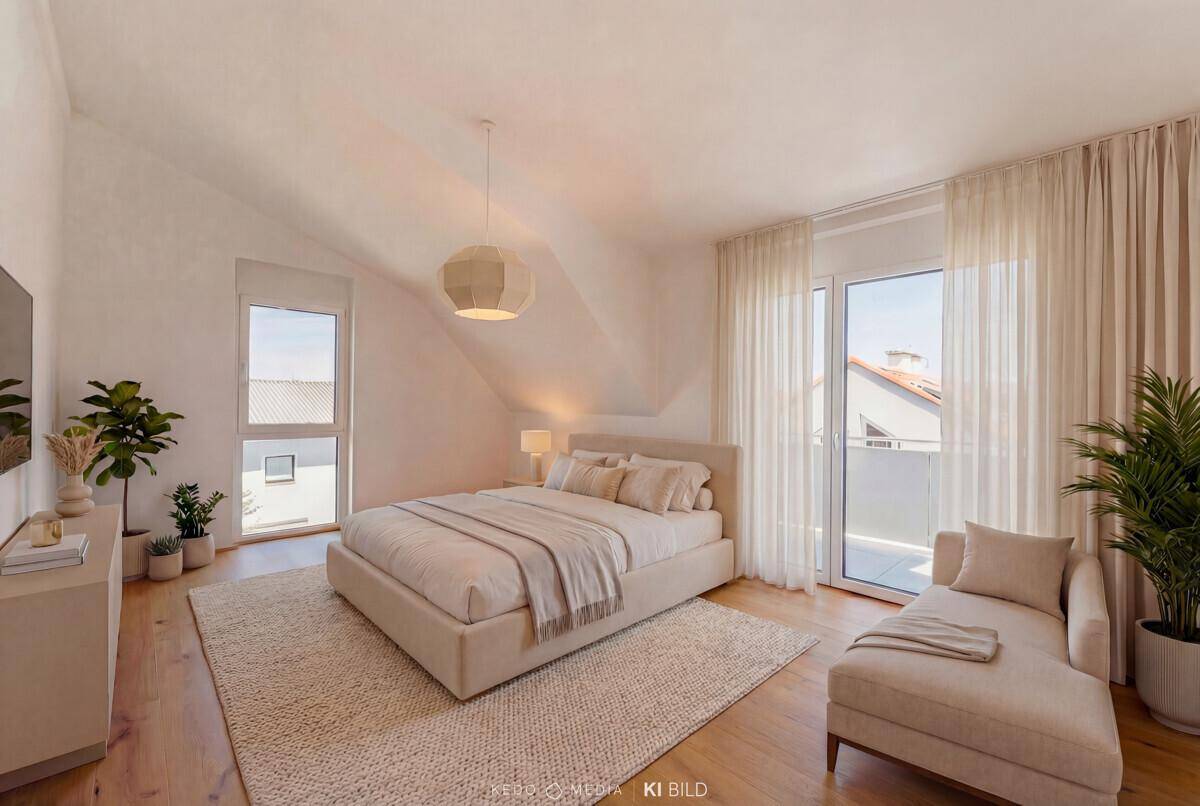 Modern eingerichtetes Schlafzimmer mit Dachschrägen, Holzboden und Zugang zu einem Balkon oder einer Terrasse.
