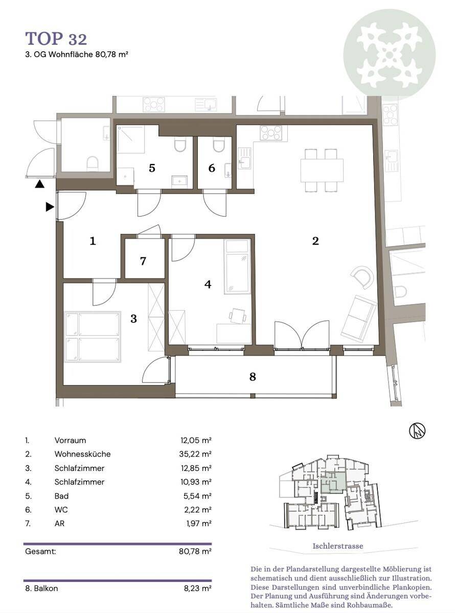 Grundriss der Wohnung TOP 32 mit Wohnküche, zwei Schlafzimmern und Balkon.
