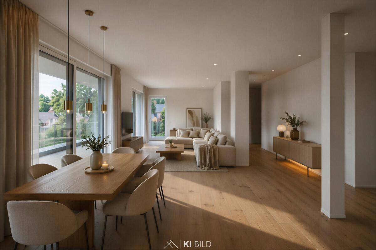 Offener Wohn- und Essbereich mit Holztisch, modernen Pendelleuchten und Parkettboden.