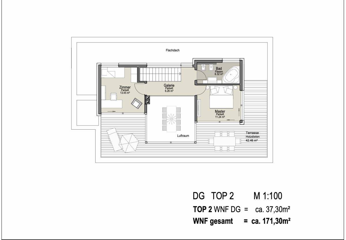 Grundriss des Dachgeschosses mit Master-Schlafzimmer, Galerie und großer Dachterrasse.
