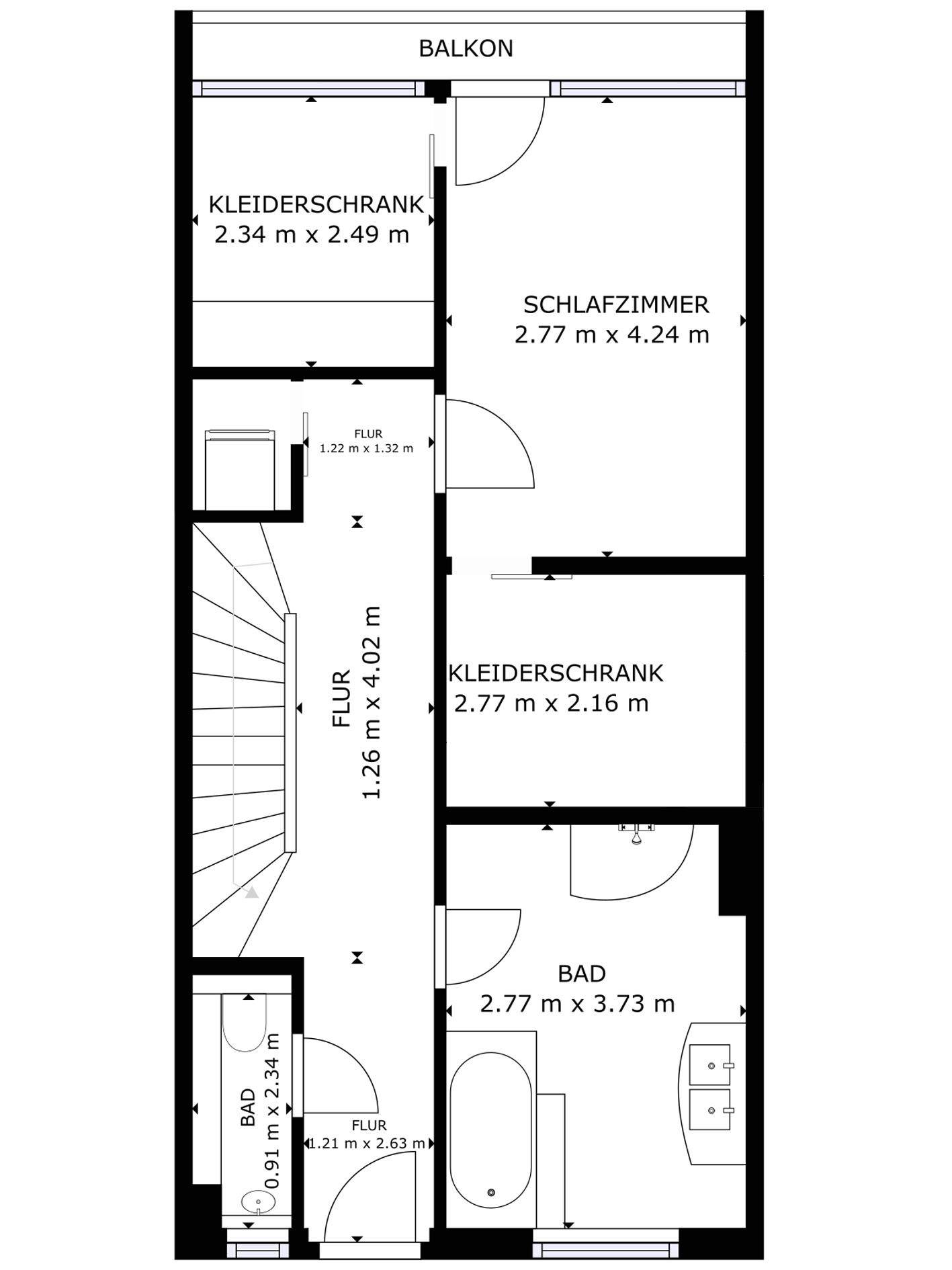 Grundriss des Obergeschosses mit Schlafzimmer, zwei Bädern und Balkonzugang.