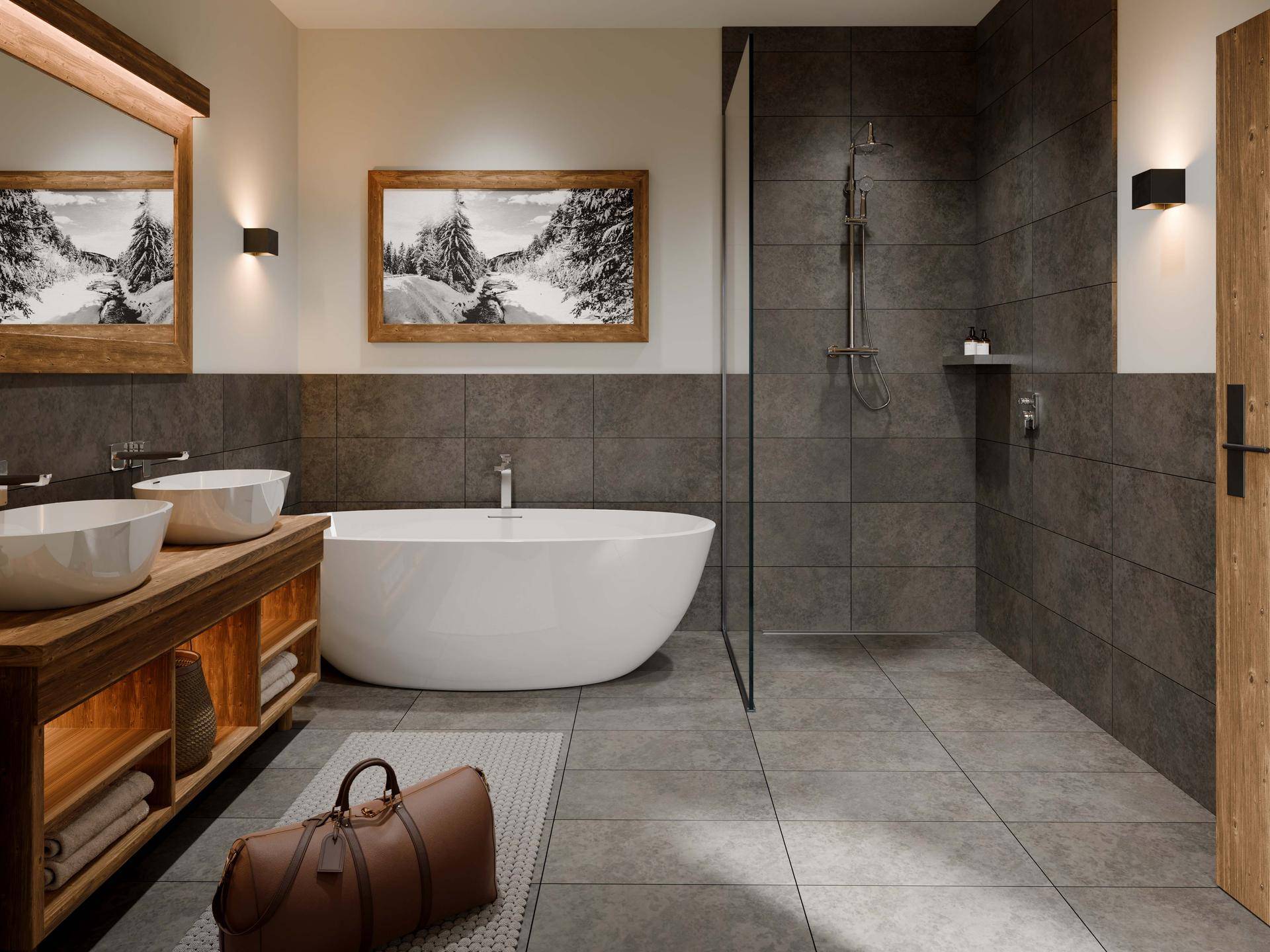 Modernes Badezimmer mit freistehender Badewanne, begehbarer Dusche und Doppelwaschbecken.