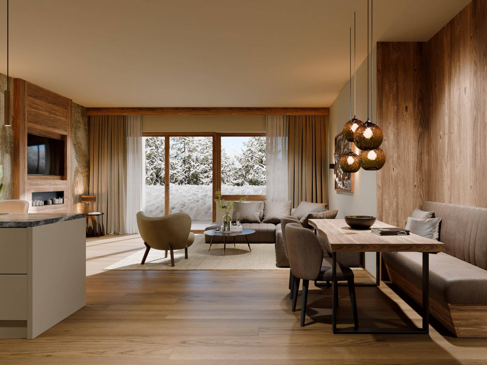 Gemütlicher Wohn-Essbereich mit Holzelementen, Parkettboden und Zugang zum Balkon mit Winterlandschaft.