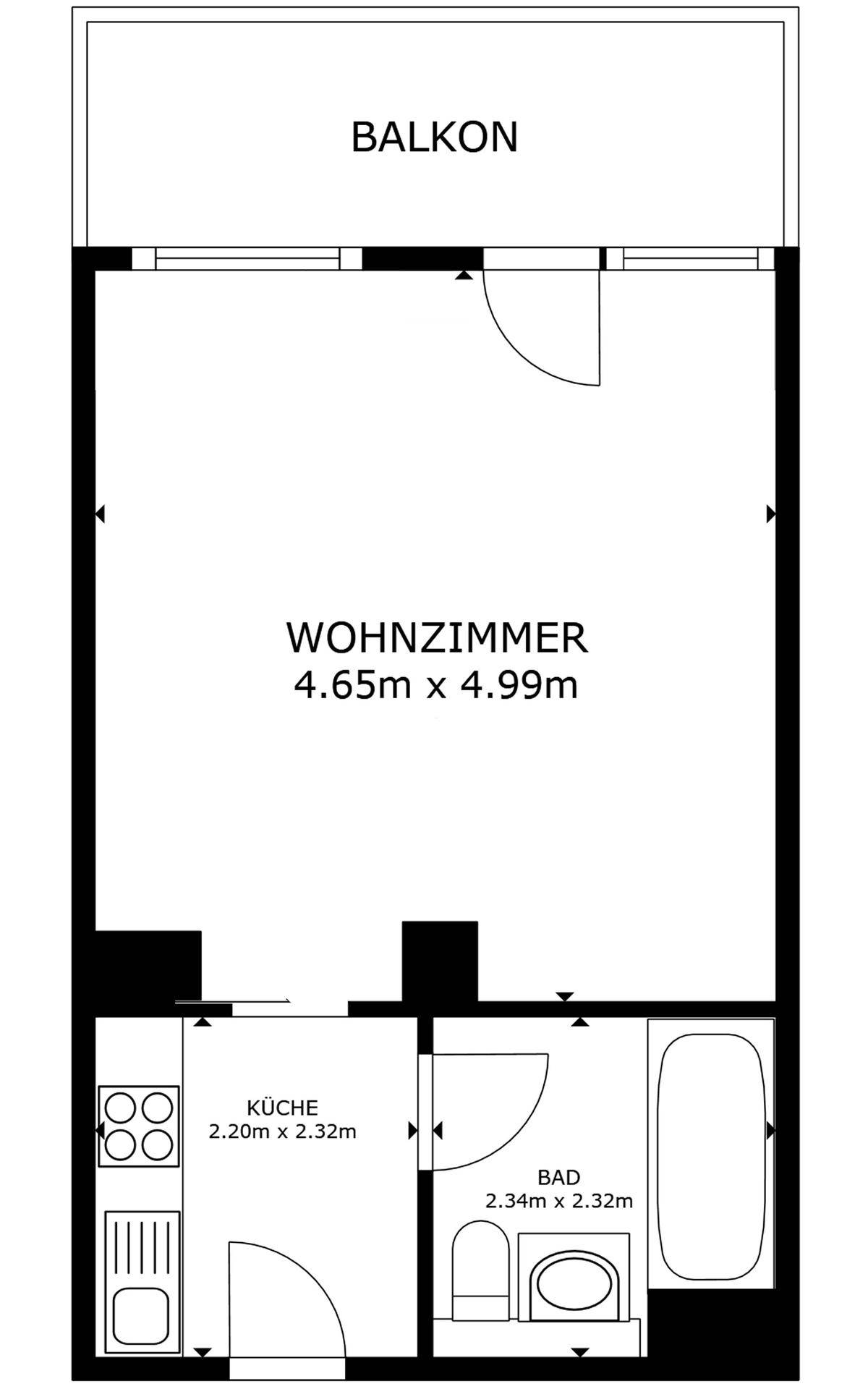 Grundriss einer Wohnung mit Wohnzimmer, Küche, Bad und Balkon.