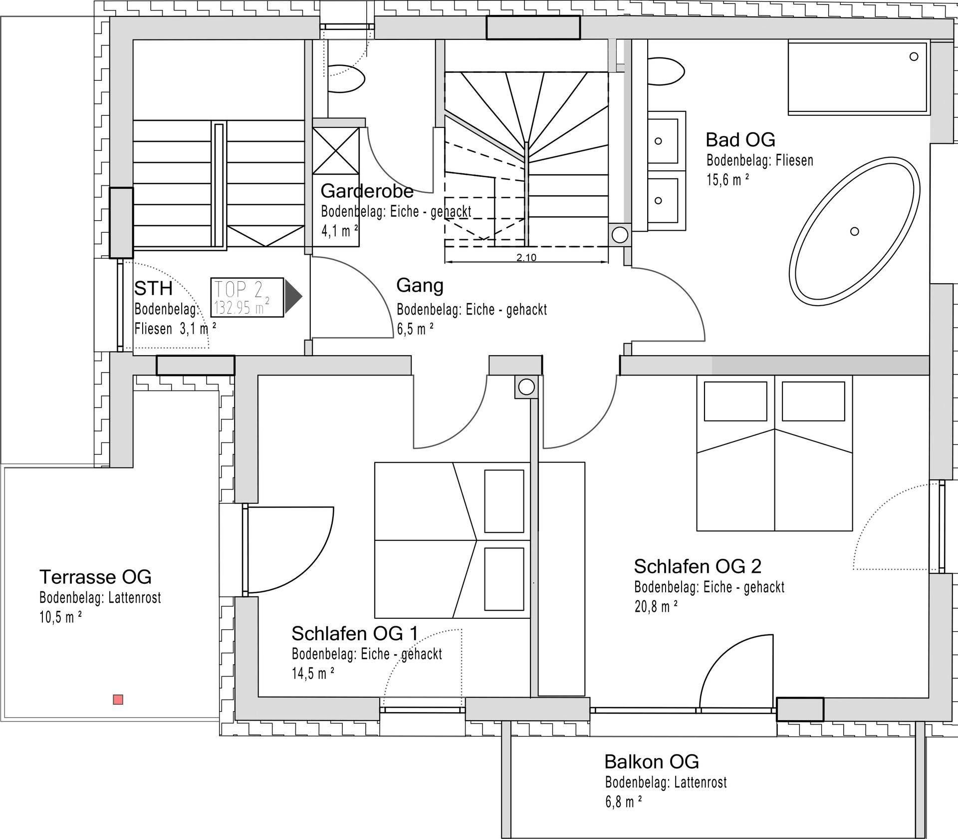 Grundriss des Obergeschosses mit zwei Schlafzimmern, Bad, Garderobe und Balkon.
