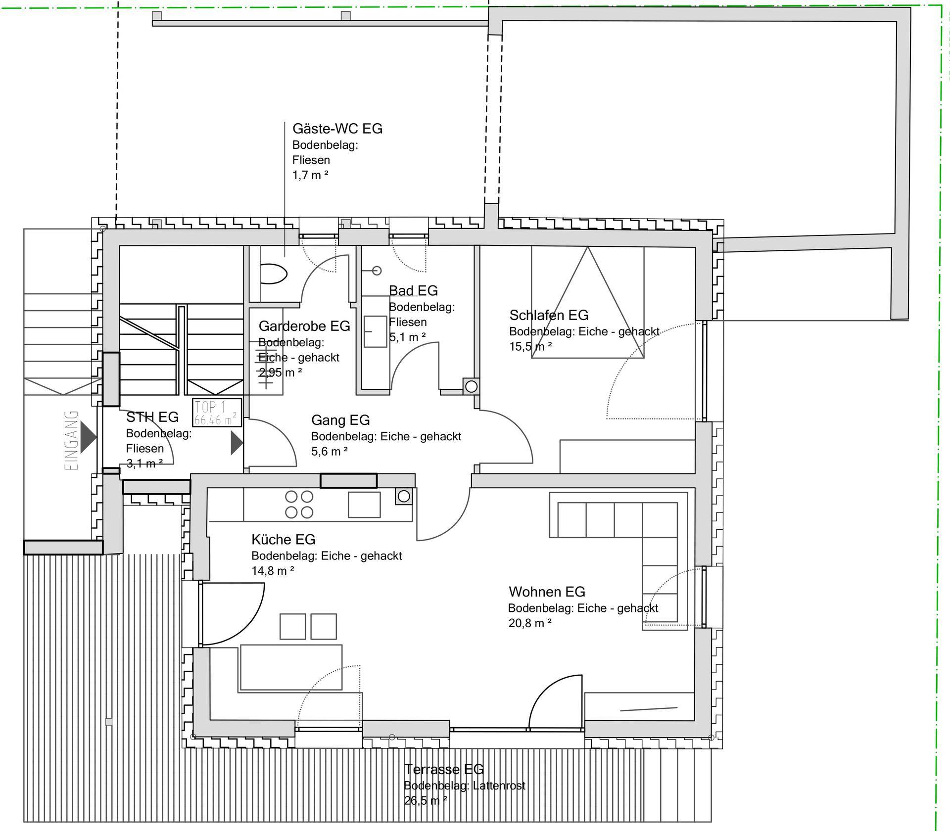 Grundriss des Erdgeschosses mit Eingang, Küche, Wohnen, Bad und Terrasse.