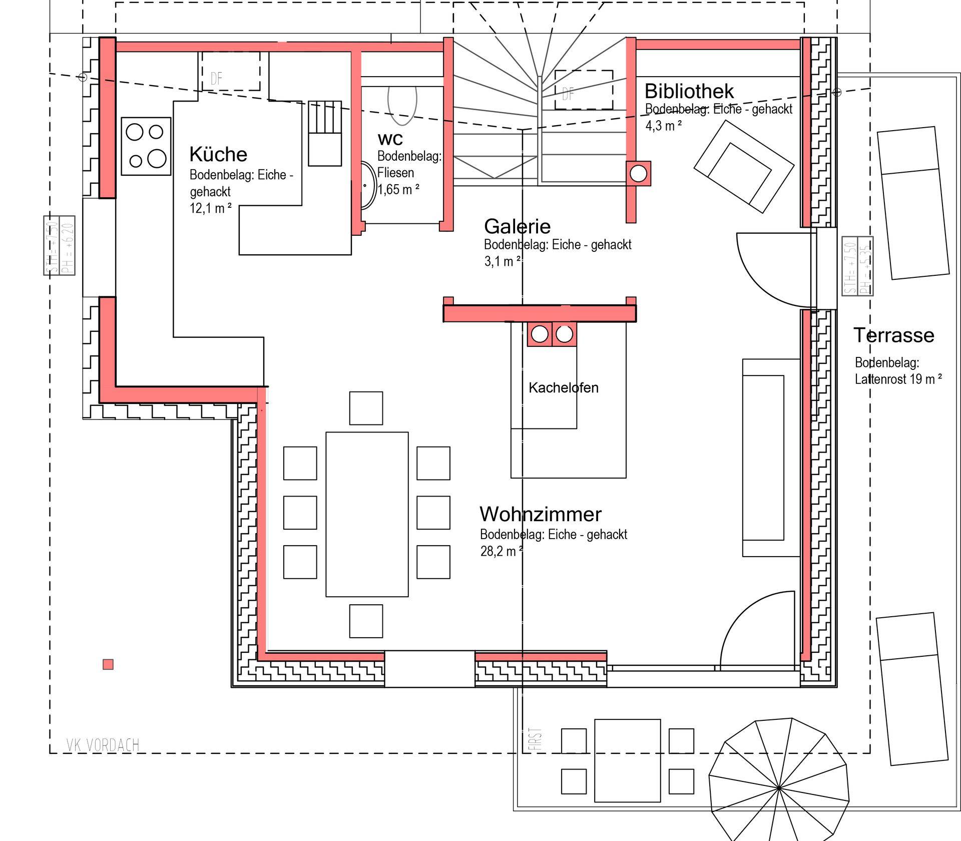 Grundriss des Erdgeschosses mit Küche, Wohnzimmer, Bibliothek und Terrasse.