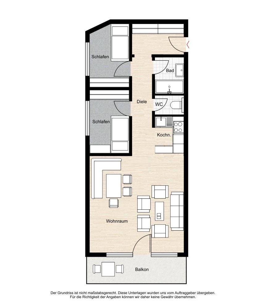 Grundriss einer Wohnung mit zwei Schlafzimmern, offenem Wohnbereich und Balkon.