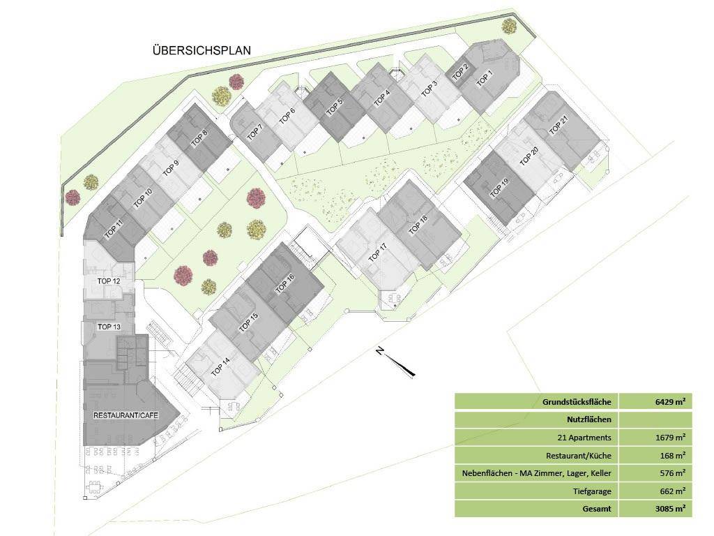 Übersichtsplan der Wohnanlage mit 21 Apartments, Restaurant und Tiefgarage.