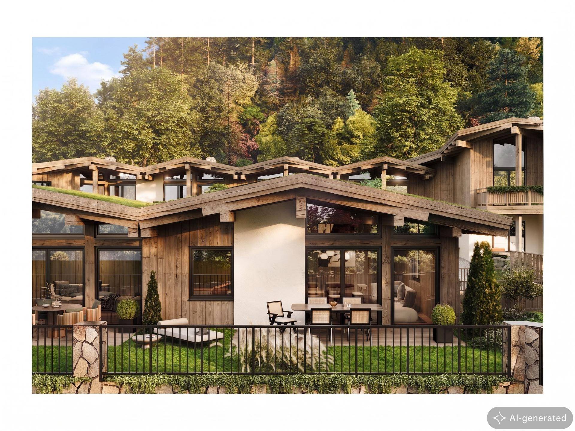 Moderne alpine Architektur mit Holzfassade, begrüntem Dach und privaten Terrassen.