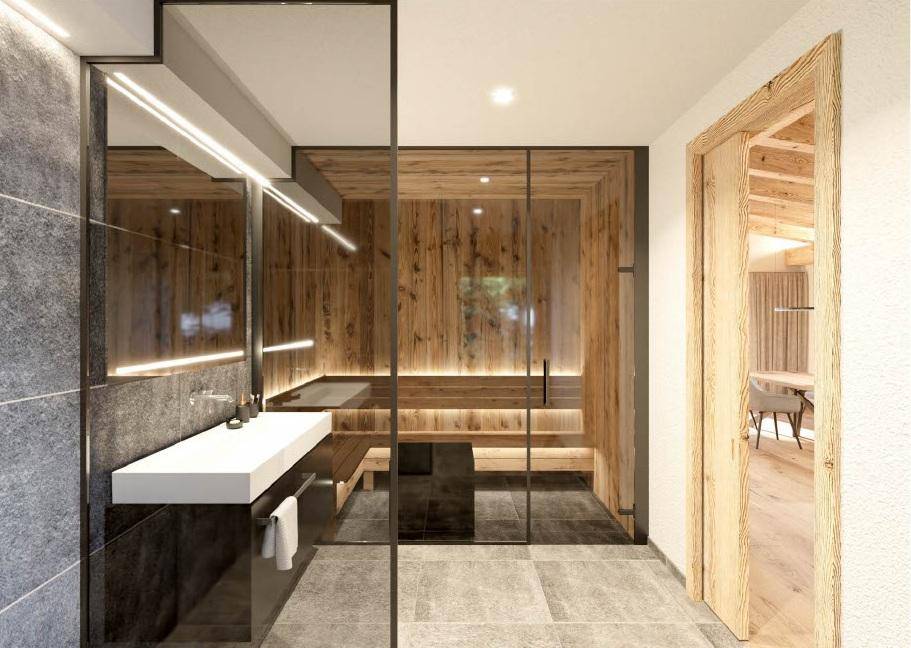 Modernes Badezimmer mit integrierter Sauna, großformatigen Fliesen und minimalistischem Design.