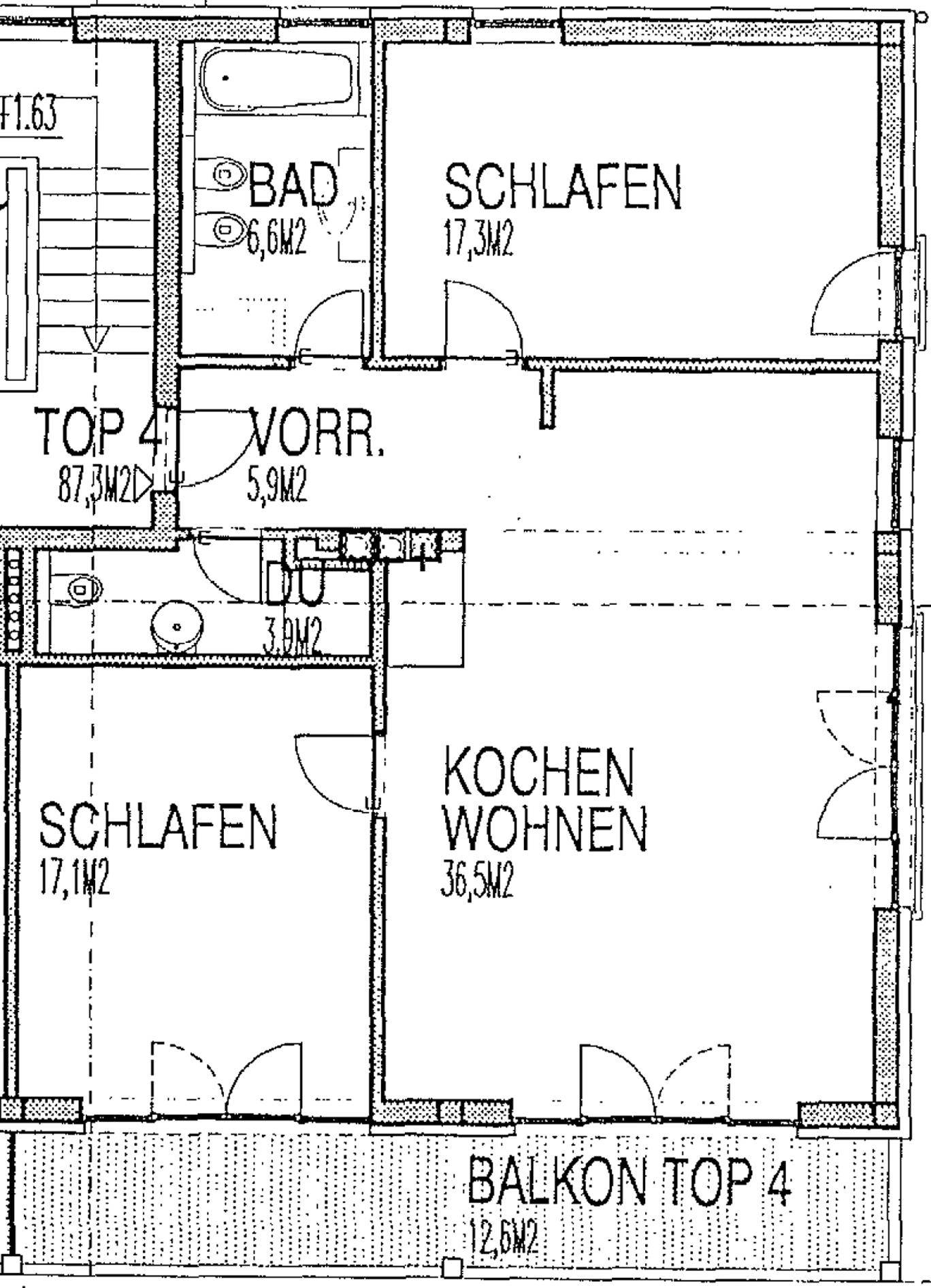 Grundriss der Wohnung Top 4 mit Schlafzimmern, Bad, separatem WC und Balkon.