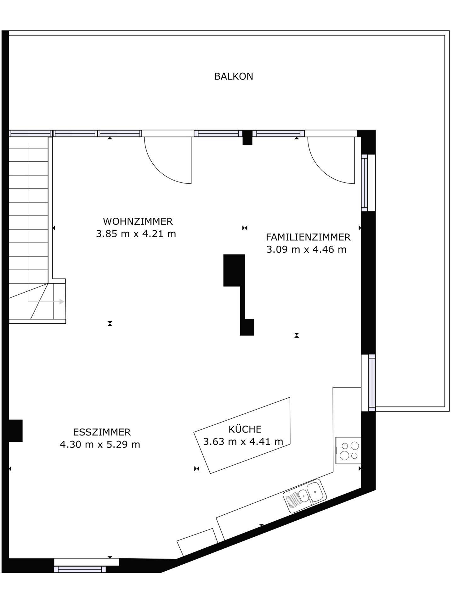 Grundriss des Erdgeschosses mit offenem Wohnbereich, Esszimmer, Küche und Balkon.