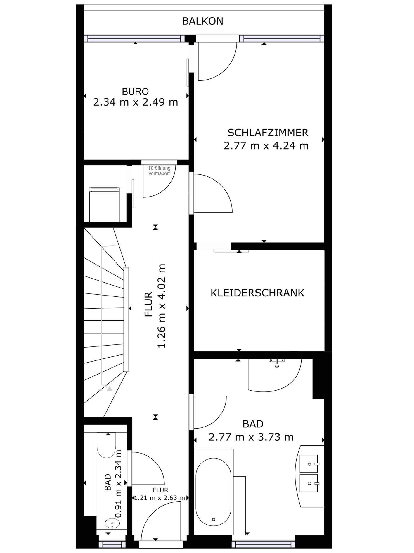 Grundriss des Obergeschosses mit Schlafzimmer, Büro, Flur und zwei Badezimmern sowie Balkon.