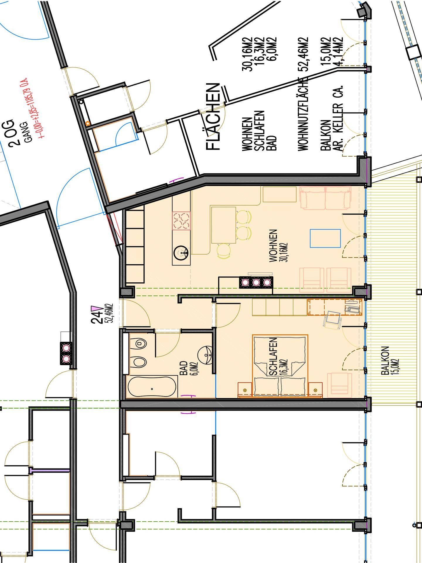 Detaillierter Grundriss einer Wohnung mit offenem Wohnbereich, zwei Bädern und Balkon.