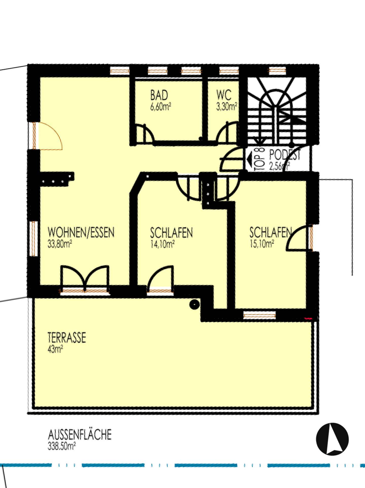Grundriss der Wohnung mit Wohn-/Essbereich, zwei Schlafzimmern, Bad, WC und großer Terrasse.