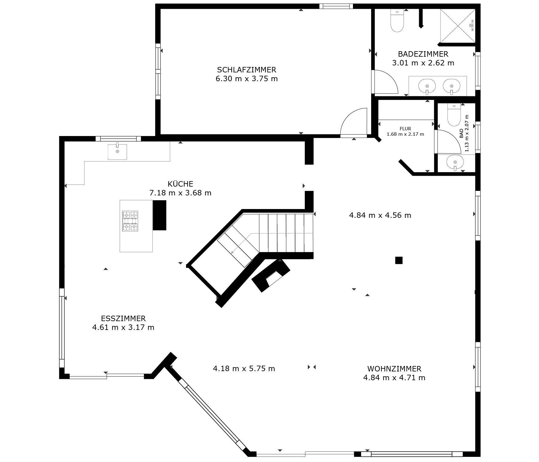 Grundriss des Obergeschosses mit Küche, Esszimmer, Wohnzimmer, Schlafzimmer und Bad.