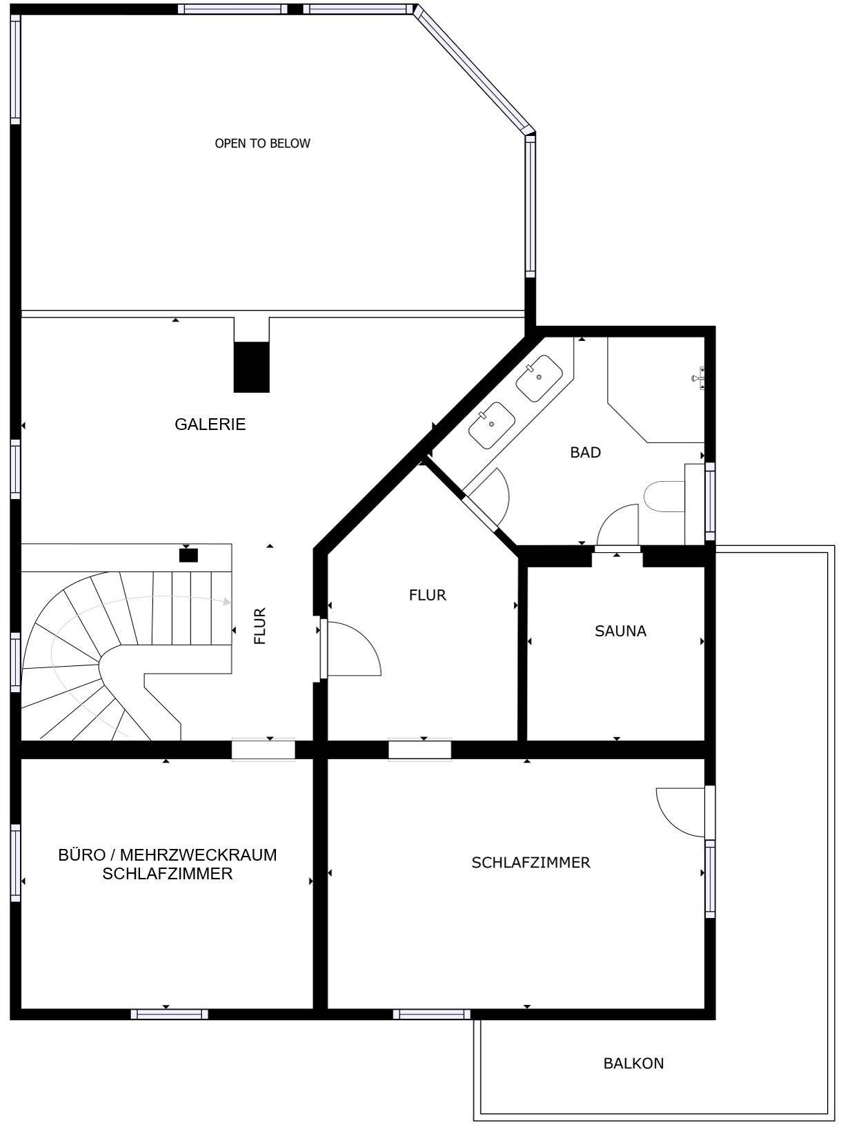 Grundriss des Obergeschosses mit Galerie, Schlafzimmern, Bad, Sauna und Balkon.