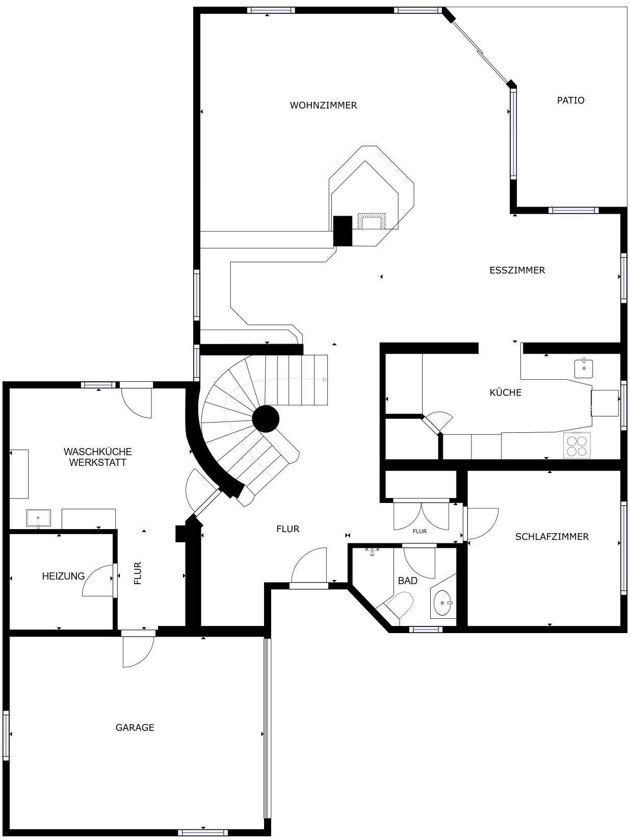 Grundriss des Erdgeschosses mit Wohnzimmer, Esszimmer, Küche und Garage.