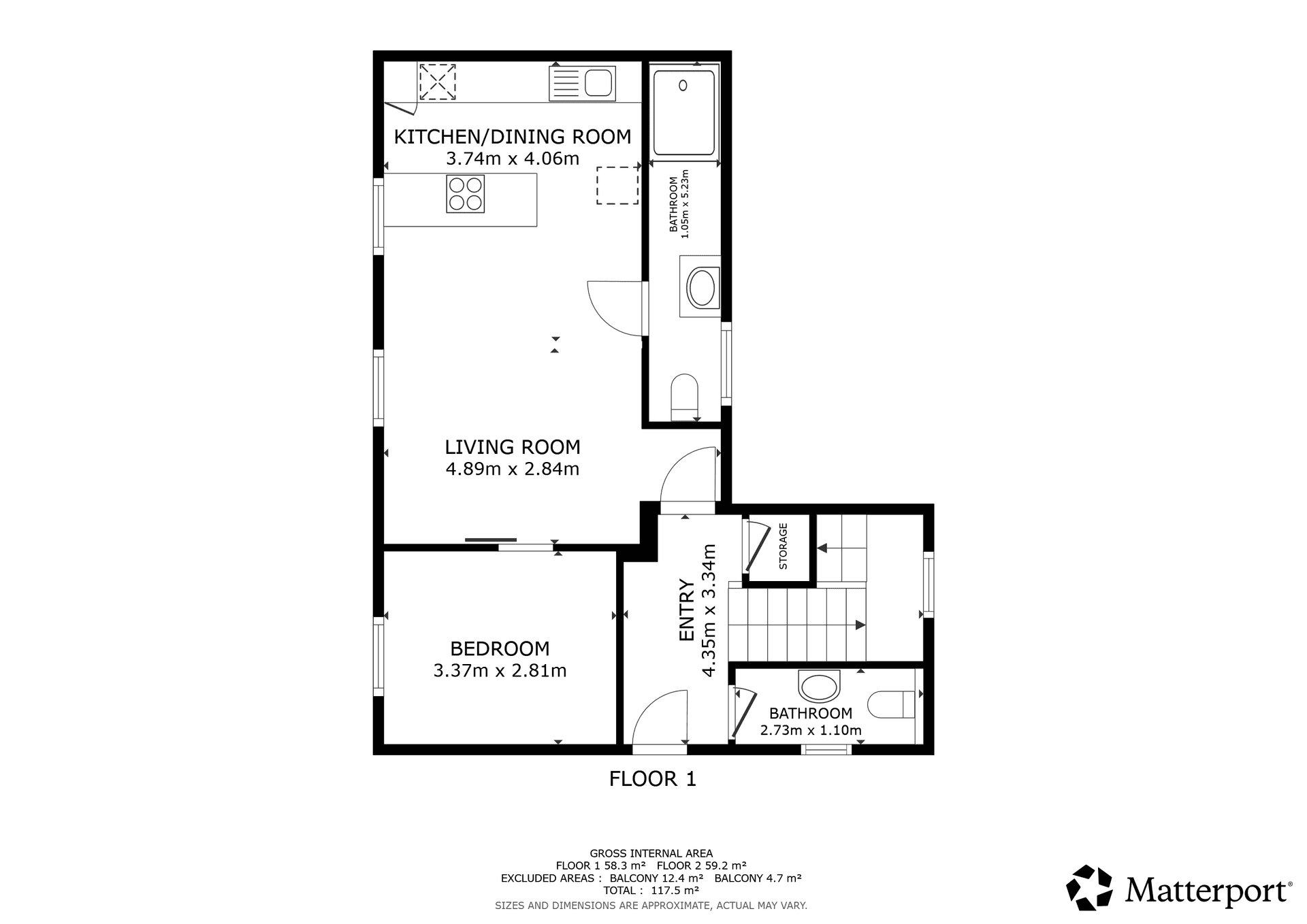 Grundriss von Etage 1 mit offener Küche, Wohnzimmer, Schlafzimmer und Bad.