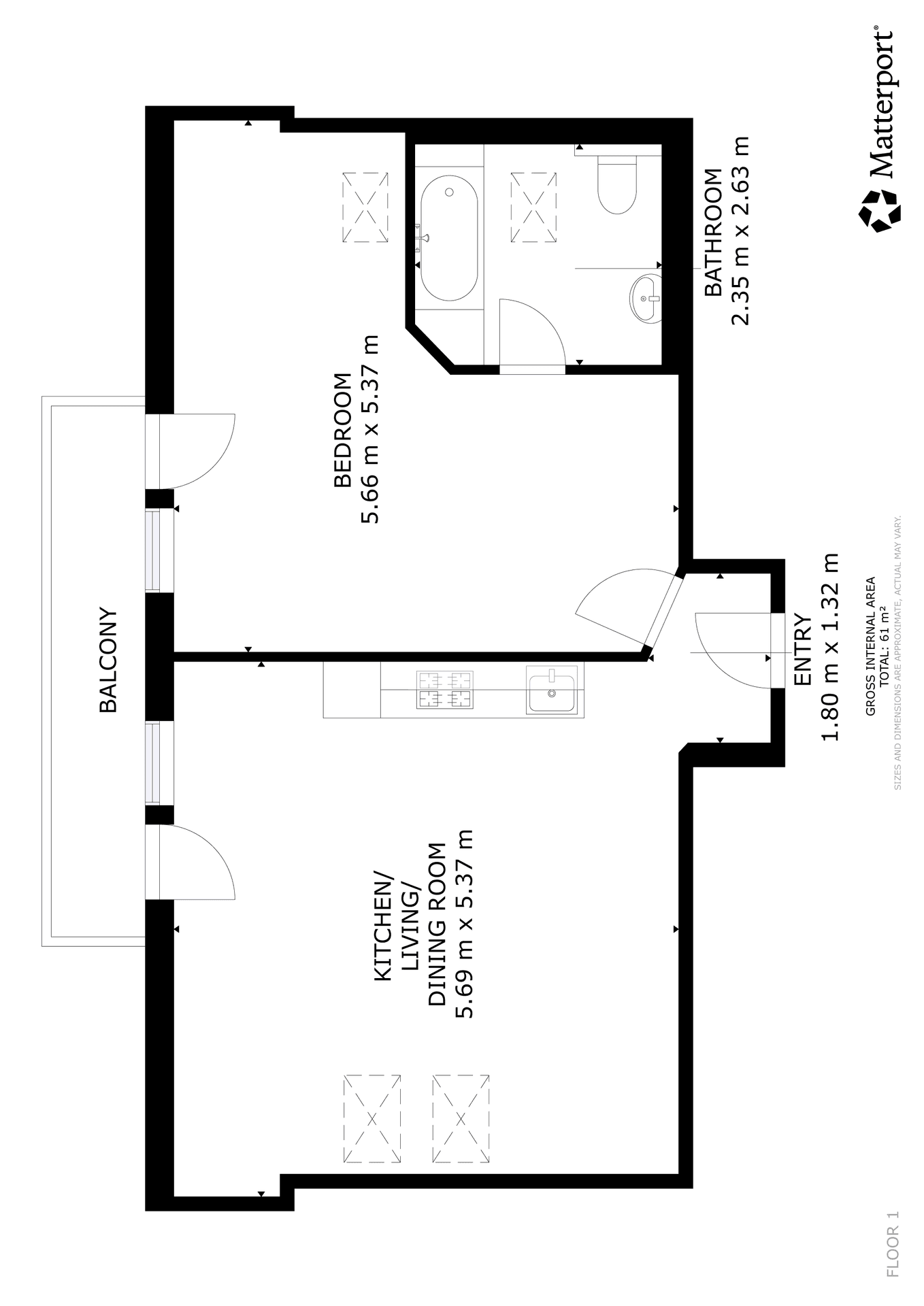 Grundriss der Wohnung mit einem Schlafzimmer, Bad, Balkon und offenem Wohnbereich.