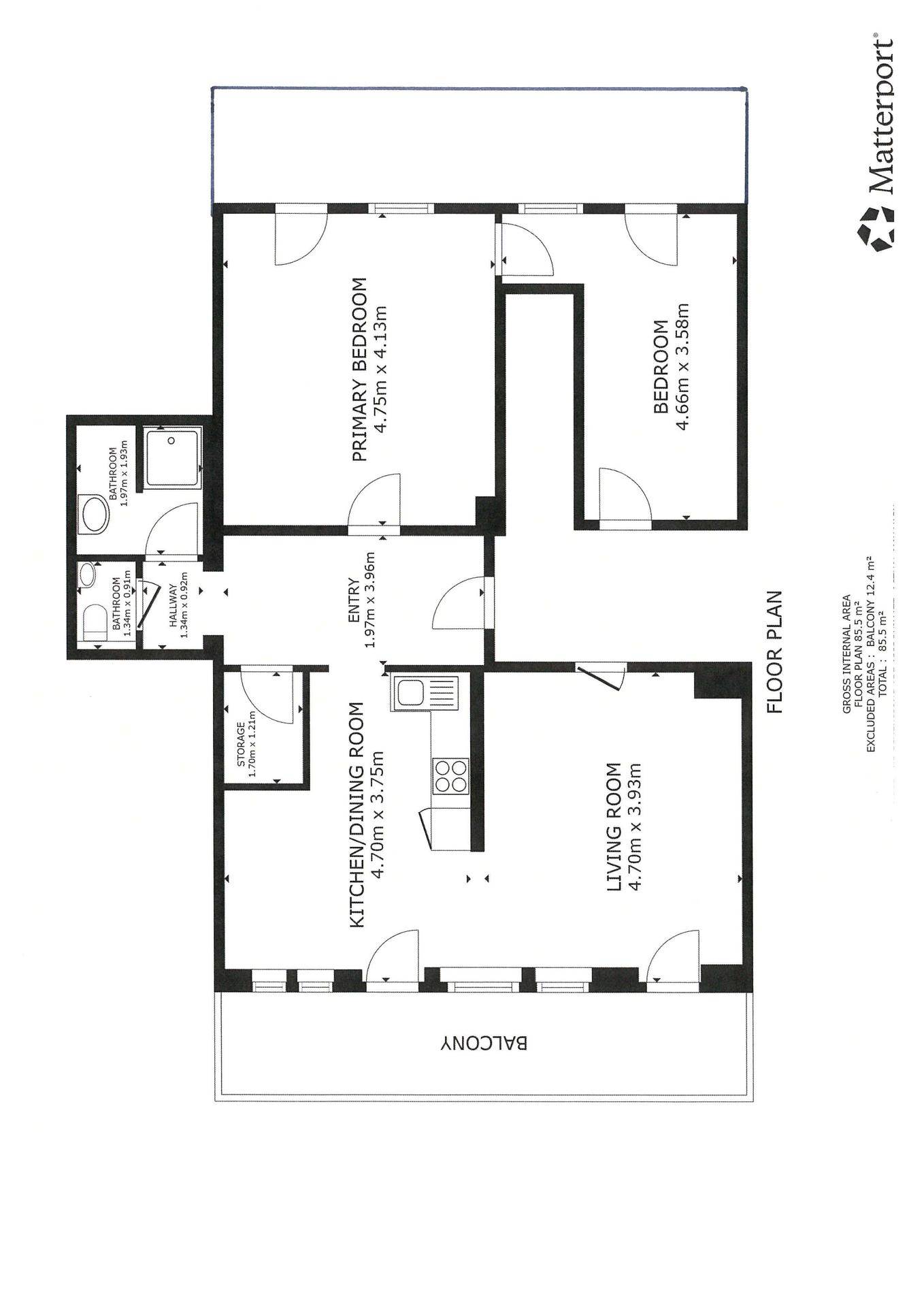 Grundriss der Wohnung mit zwei Schlafzimmern, Wohnbereich, Küche und Balkon.