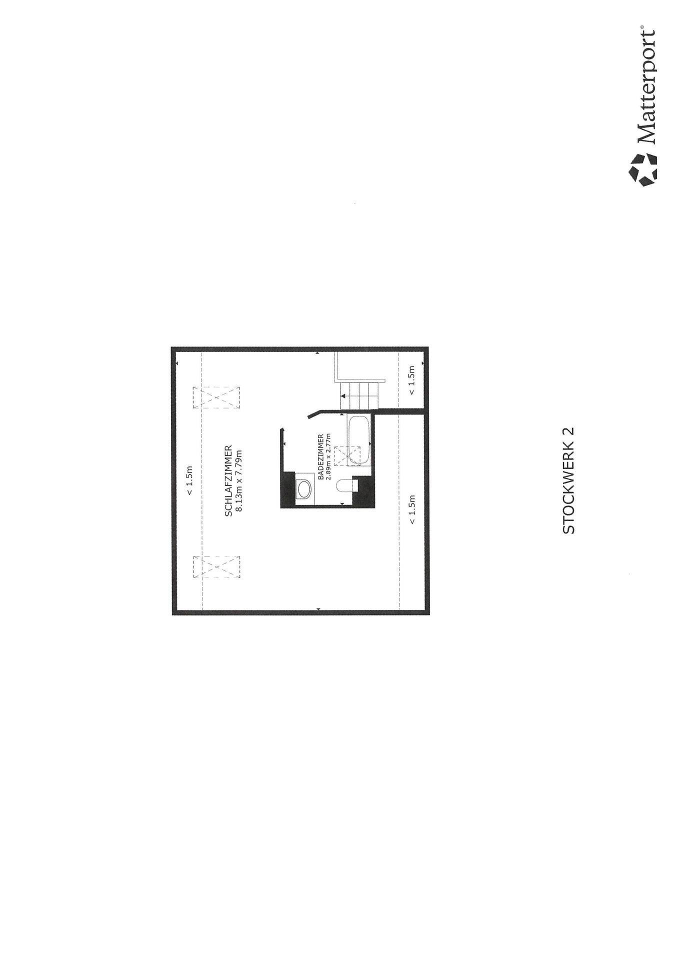 Grundriss des zweiten Stockwerks mit Schlafzimmer und Bad unter Dachschrägen.