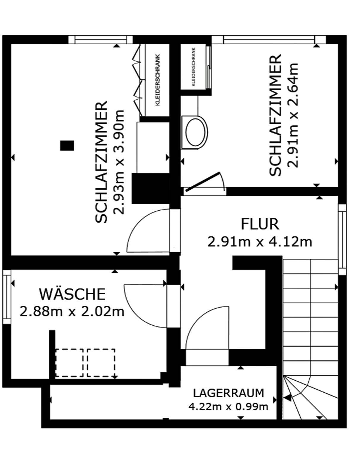 Grundriss des Obergeschosses mit zwei Schlafzimmern, Flur, Wäsche- und Lagerraum.